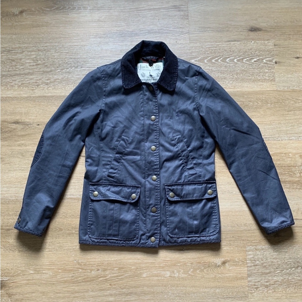 Jack Wills Women Waxed Jacket Blue Plaid Lined Corduroy Collar UK 6 US 2 Barbour